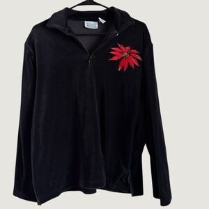 National Wildlife Federation Black Velour Poinsettia Quarter Zip Pullover M